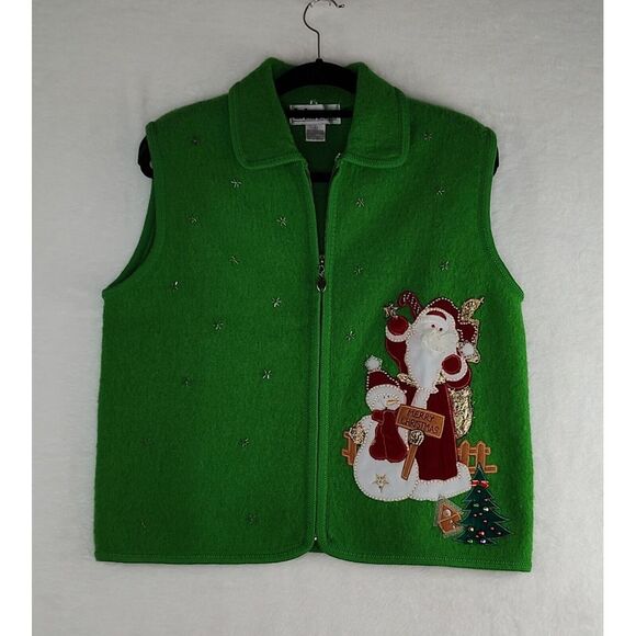 Lisa International Boiled Wool Green Vest sz L Christmas Santa Embellished - Picture 8 of 10